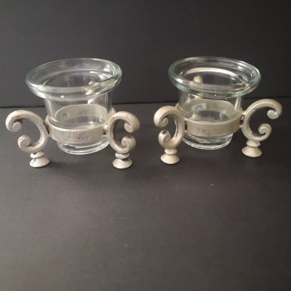 PartyLite 2 1/2" Glass Votive or Tea Light Holder w/ Ornate Metal Stand Set of 2